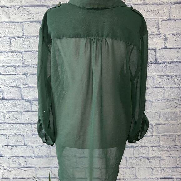 METAPHOR hunter Green Sheer Tab Sleeve Button Front Blouse - Picture 3 of 13